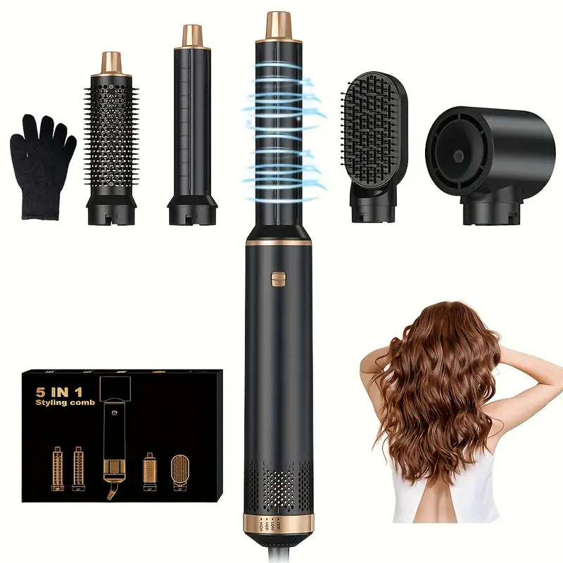 5-in-1 Hair Styling Kit: Powerful Blow Dryer, Detachable Brush, Nozzle & Air Curler - Versatile Hot Air Brush Set for All Hair Types, Includes Gloves, Hair Straightener, Oval Brush, Diffuser