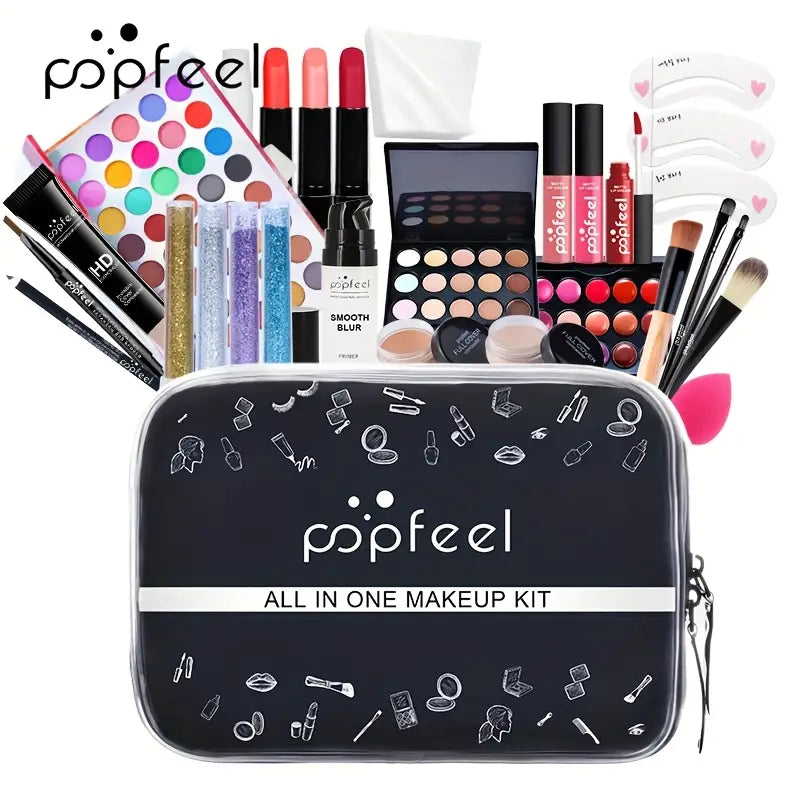 All-in-One Travel Makeup Kit, Portable Cosmetic Set with Black Case, Multi-Product Beauty Collection for On-the-Go Touch-ups