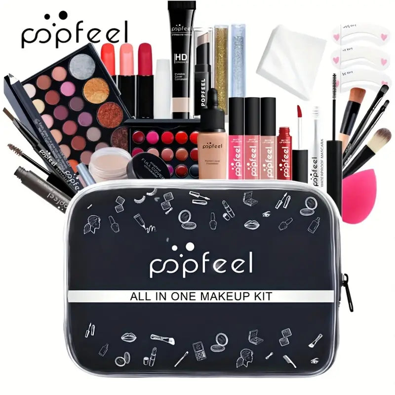 All-in-One Travel Makeup Kit, Portable Cosmetic Set with Black Case, Multi-Product Beauty Collection for On-the-Go Touch-ups
