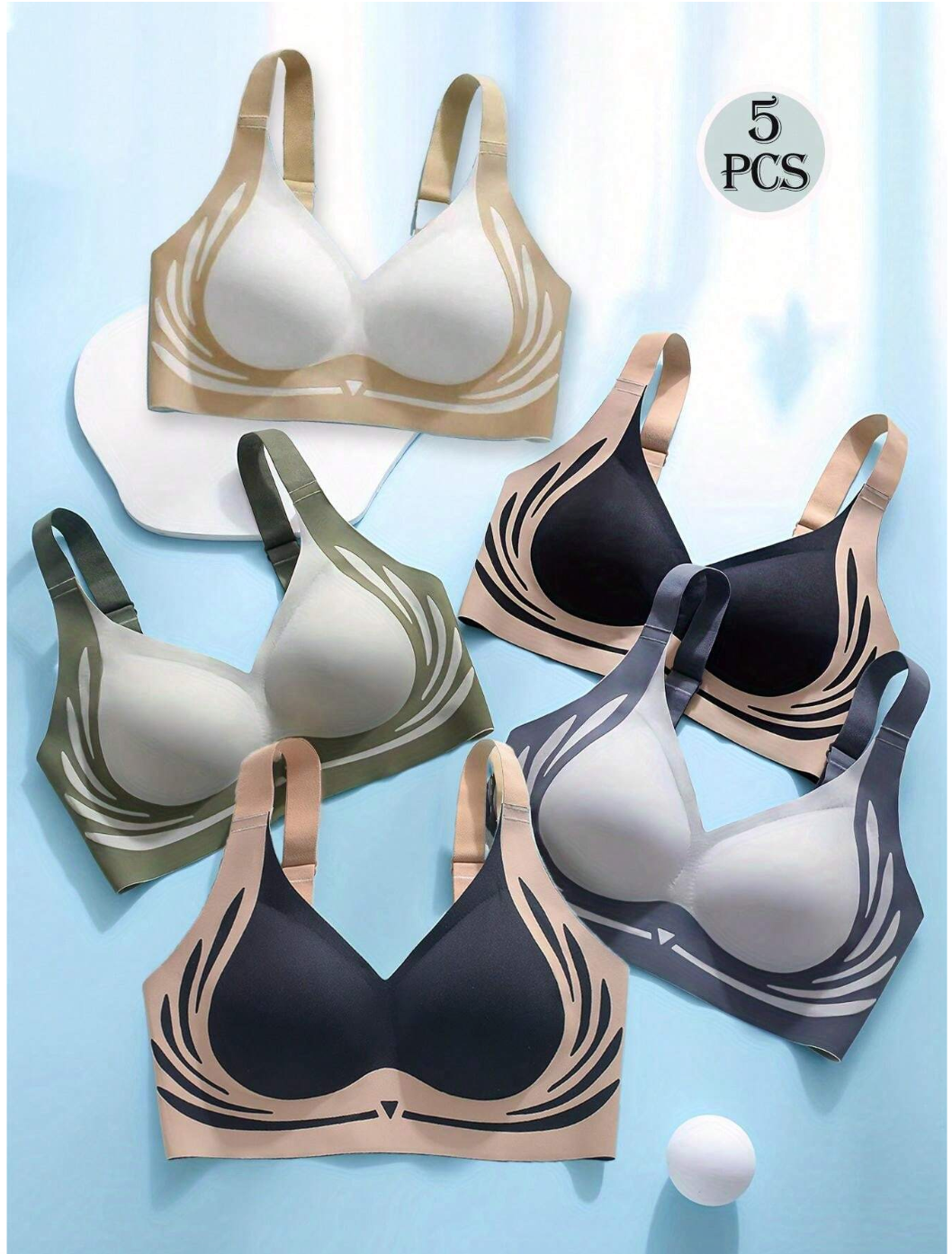 5pcs Women's Colorblock Bras In Green, Black, Blue, White - Clip-On Style, Comfortable Breathable Semi-Padded Lightly Lined Supportive Sports & Yoga Bras