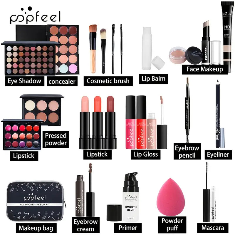 All-in-One Travel Makeup Kit, Portable Cosmetic Set with Black Case, Multi-Product Beauty Collection for On-the-Go Touch-ups