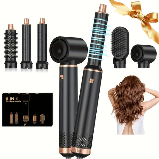 5-in-1 Hair Styling Kit: Powerful Blow Dryer, Detachable Brush, Nozzle & Air Curler - Versatile Hot Air Brush Set for All Hair Types, Includes Gloves, Hair Straightener, Oval Brush, Diffuser