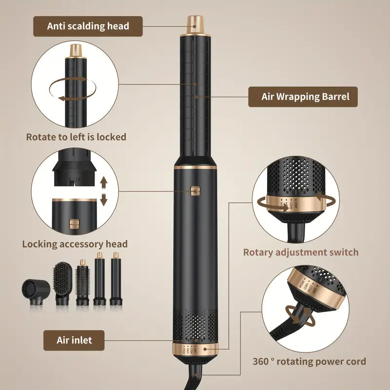 5-in-1 Hair Styling Kit: Powerful Blow Dryer, Detachable Brush, Nozzle & Air Curler - Versatile Hot Air Brush Set for All Hair Types, Includes Gloves, Hair Straightener, Oval Brush, Diffuser