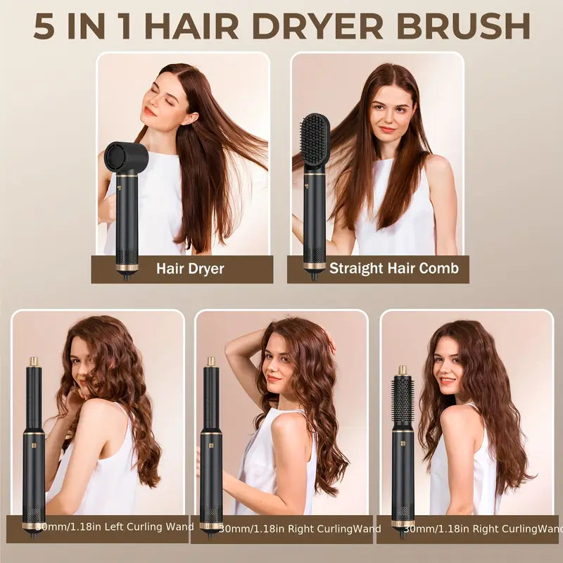 5-in-1 Hair Styling Kit: Powerful Blow Dryer, Detachable Brush, Nozzle & Air Curler - Versatile Hot Air Brush Set for All Hair Types, Includes Gloves, Hair Straightener, Oval Brush, Diffuser