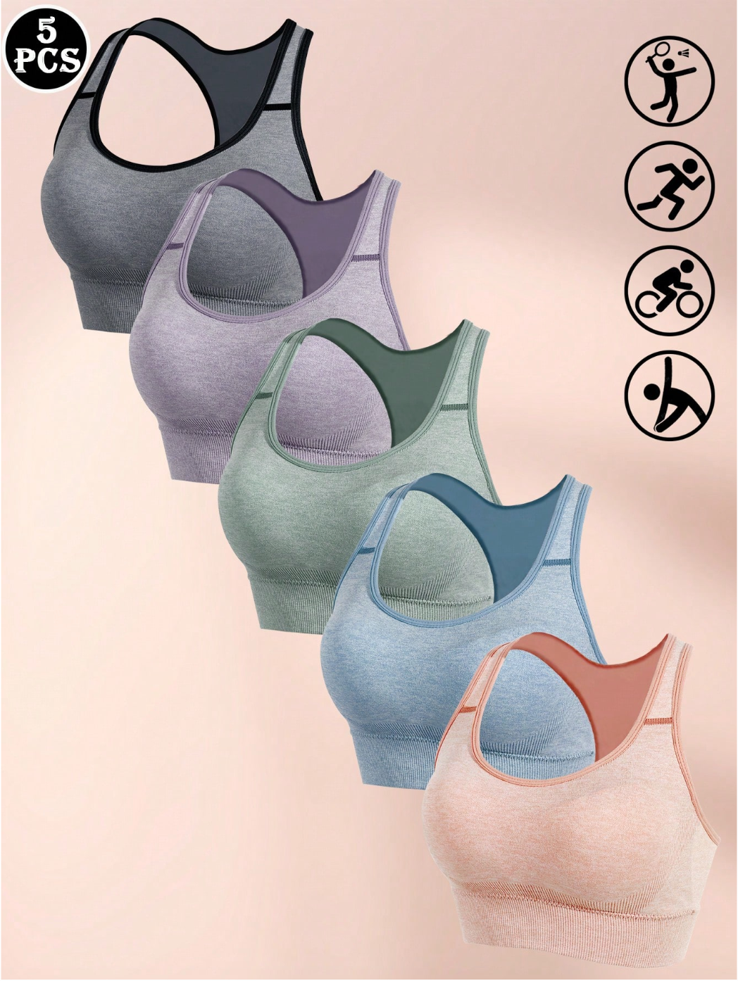 5pcs/Set Seamless Sports Tank Tops, Comfortable Solid Color Bras For Women