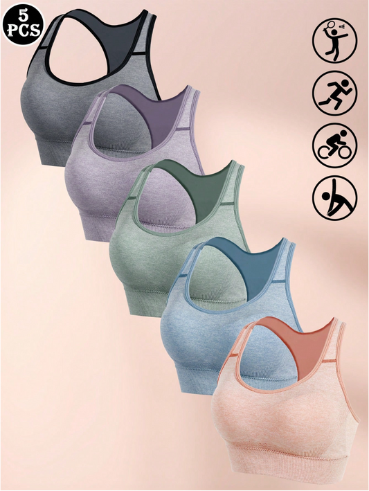 5pcs/Set Seamless Sports Tank Tops, Comfortable Solid Color Bras For Women