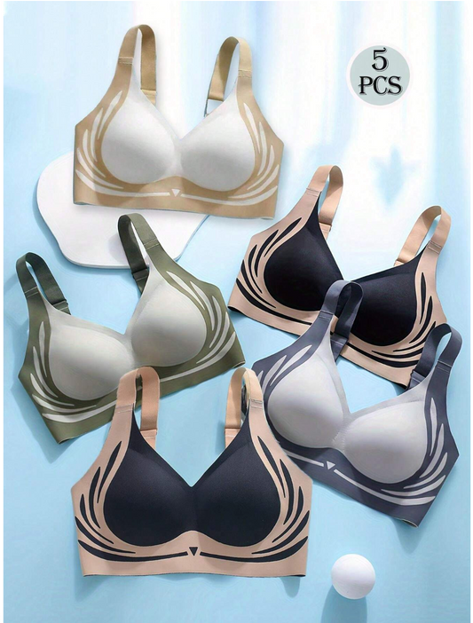 5pcs Women's Colorblock Bras In Green, Black, Blue, White - Clip-On Style, Comfortable Breathable Semi-Padded Lightly Lined Supportive Sports & Yoga Bras